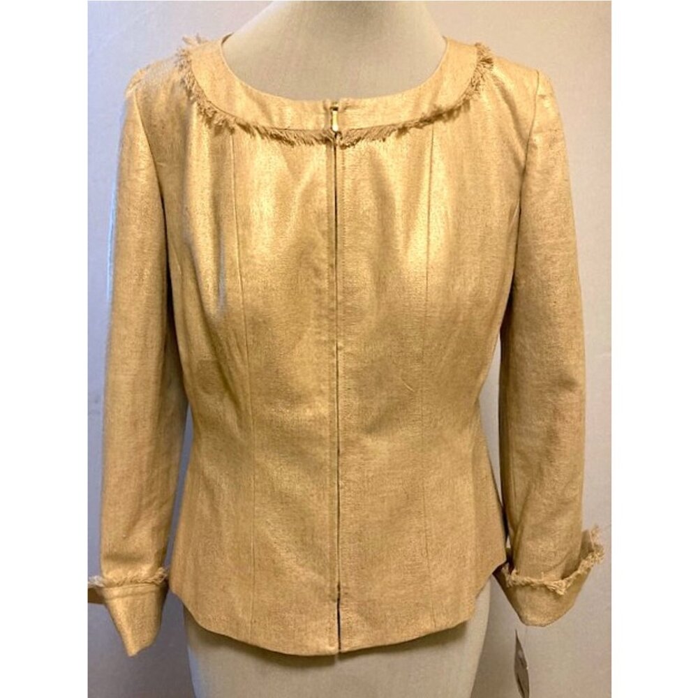 Latina gold linen blend zip front jacket with fringe detail